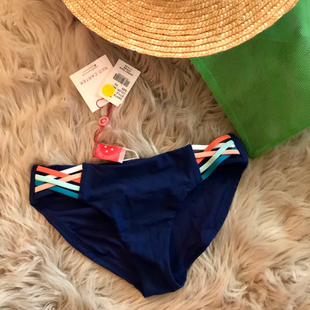 Red Carter Navy Bikini Bottom with Crisscrossing